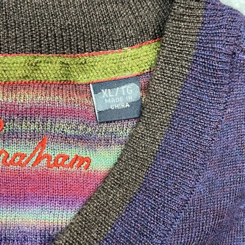 Robert‎ Graham 100% Wool Sweater Mens XL Purple V-Neck  Long Sleeve Preppy